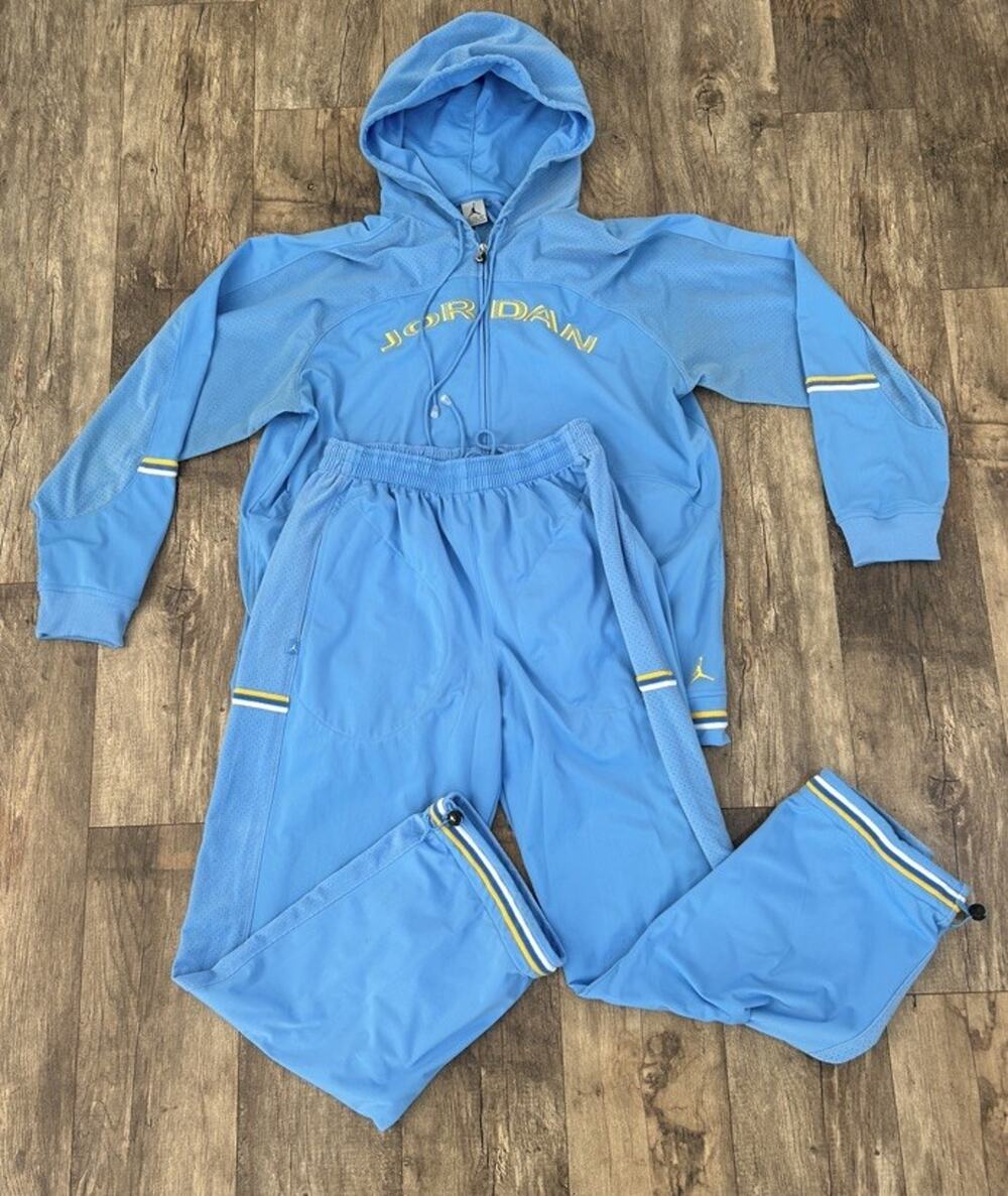 VTG Jordan Spellout Tracksuit Light Blue Yellow White Hooded Jacket 2XL Pants XL